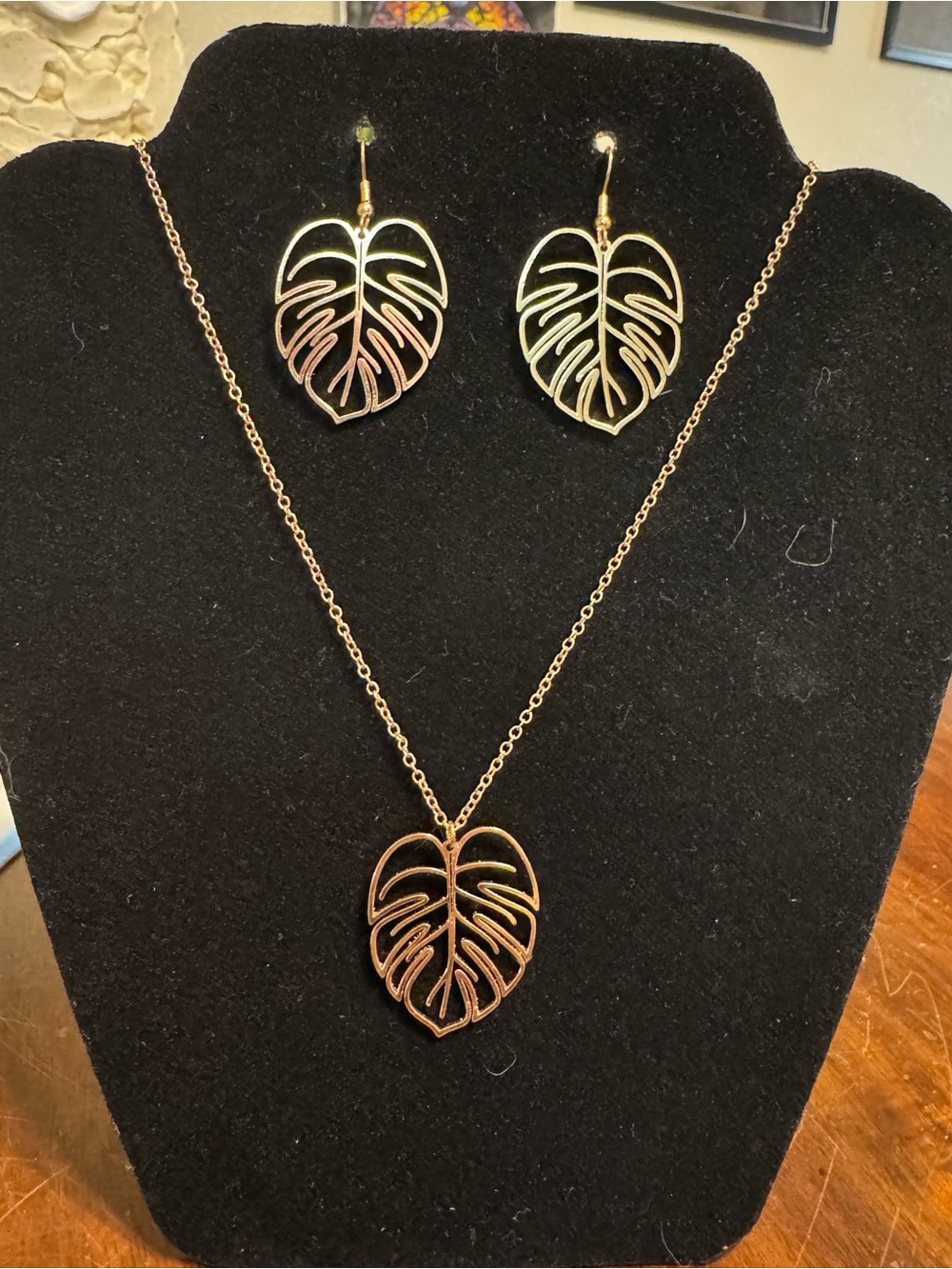 Gold Tone Monstera Leaf Necklace & Earring Set - Women Jewelry